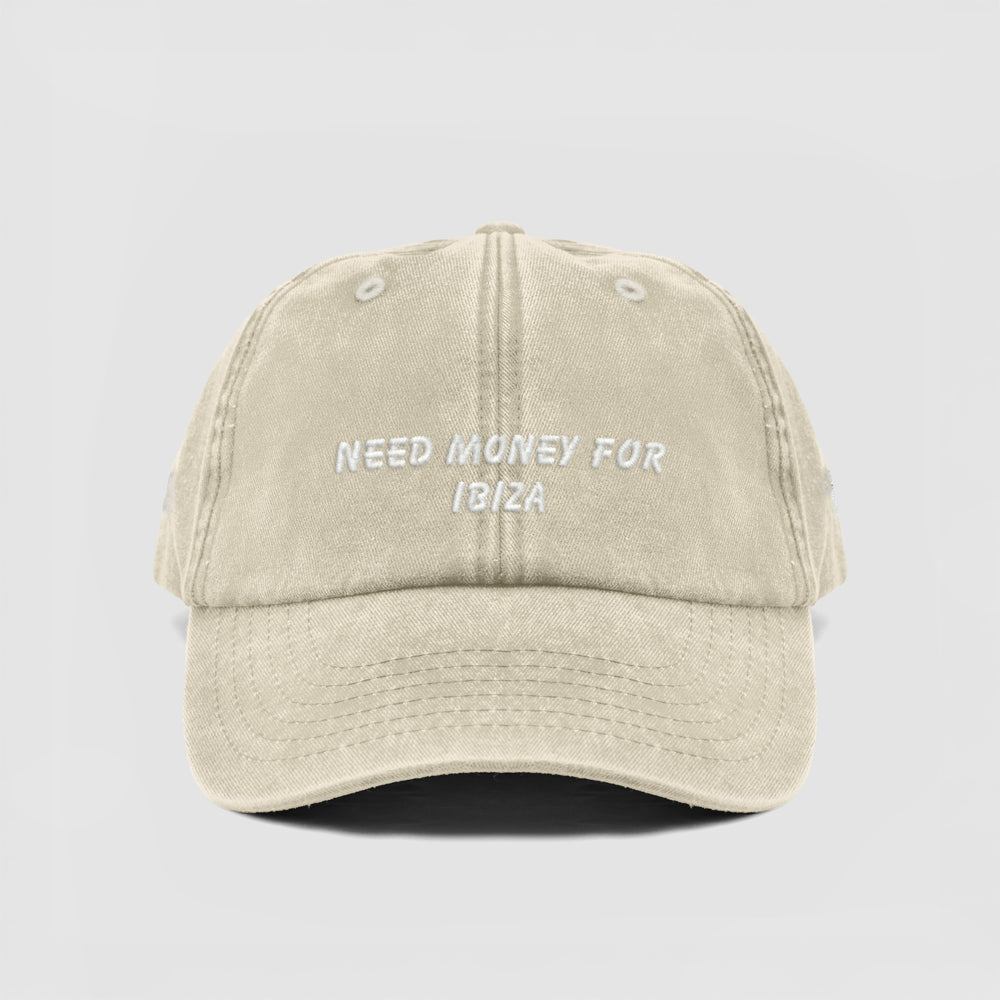 Cappellino vintage in cotone "Need money for Ibiza"