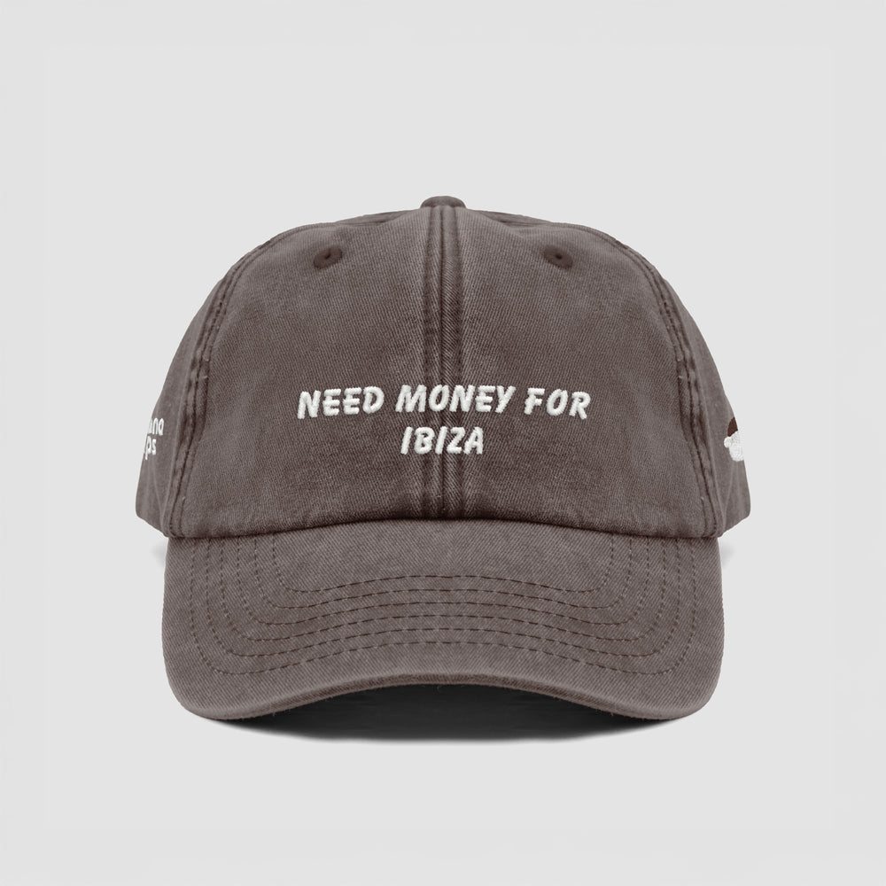 Cappellino vintage in cotone "Need money for Ibiza"