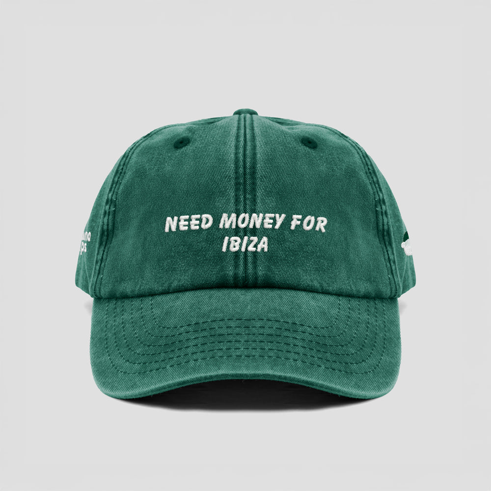 Cappellino vintage in cotone "Need money for Ibiza"