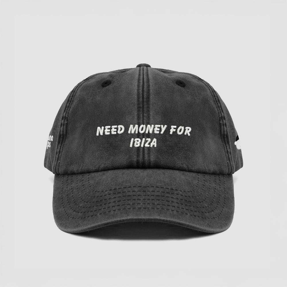 Cappellino vintage in cotone "Need money for Ibiza"
