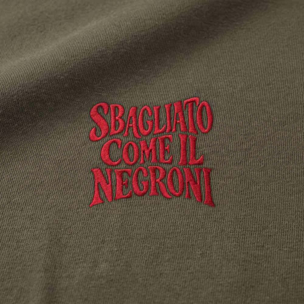 Dettaglio ricamo rosso Sbagliato come il Negroni su verde terra