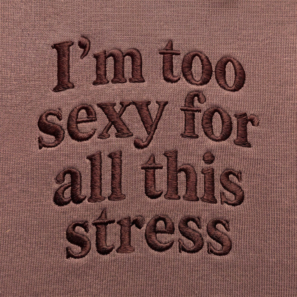 Felpa I'm too sexy for all this stress Marrone - dettaglio ricamo