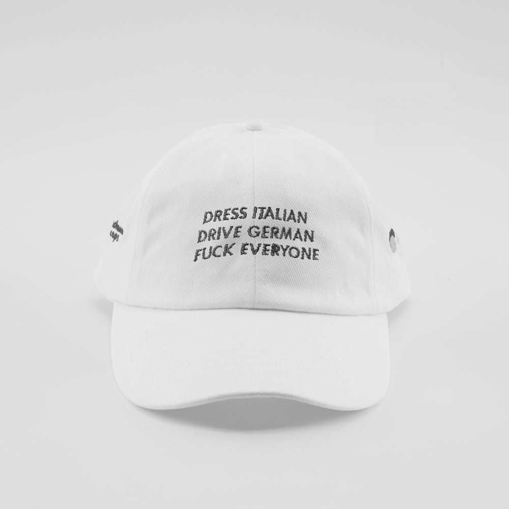 Cappellino in cotone "Dress Italian, drive German, f*ck everyone"