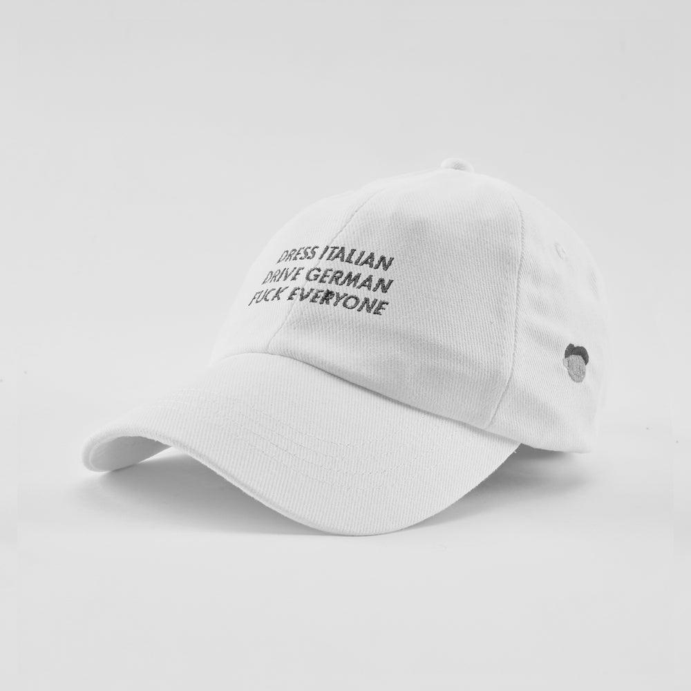 Cappellino in cotone "Dress Italian, drive German, f*ck everyone"