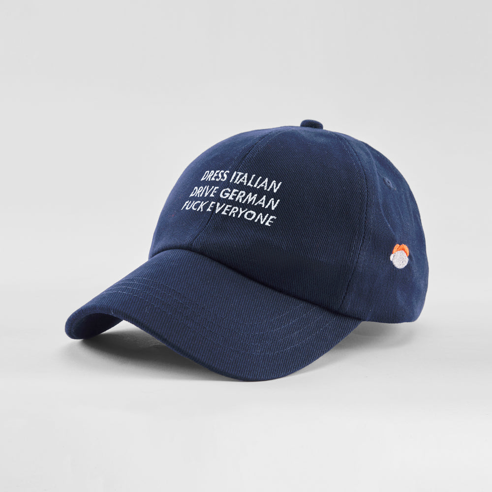 Cappellino in cotone "Dress Italian, drive German, f*ck everyone"