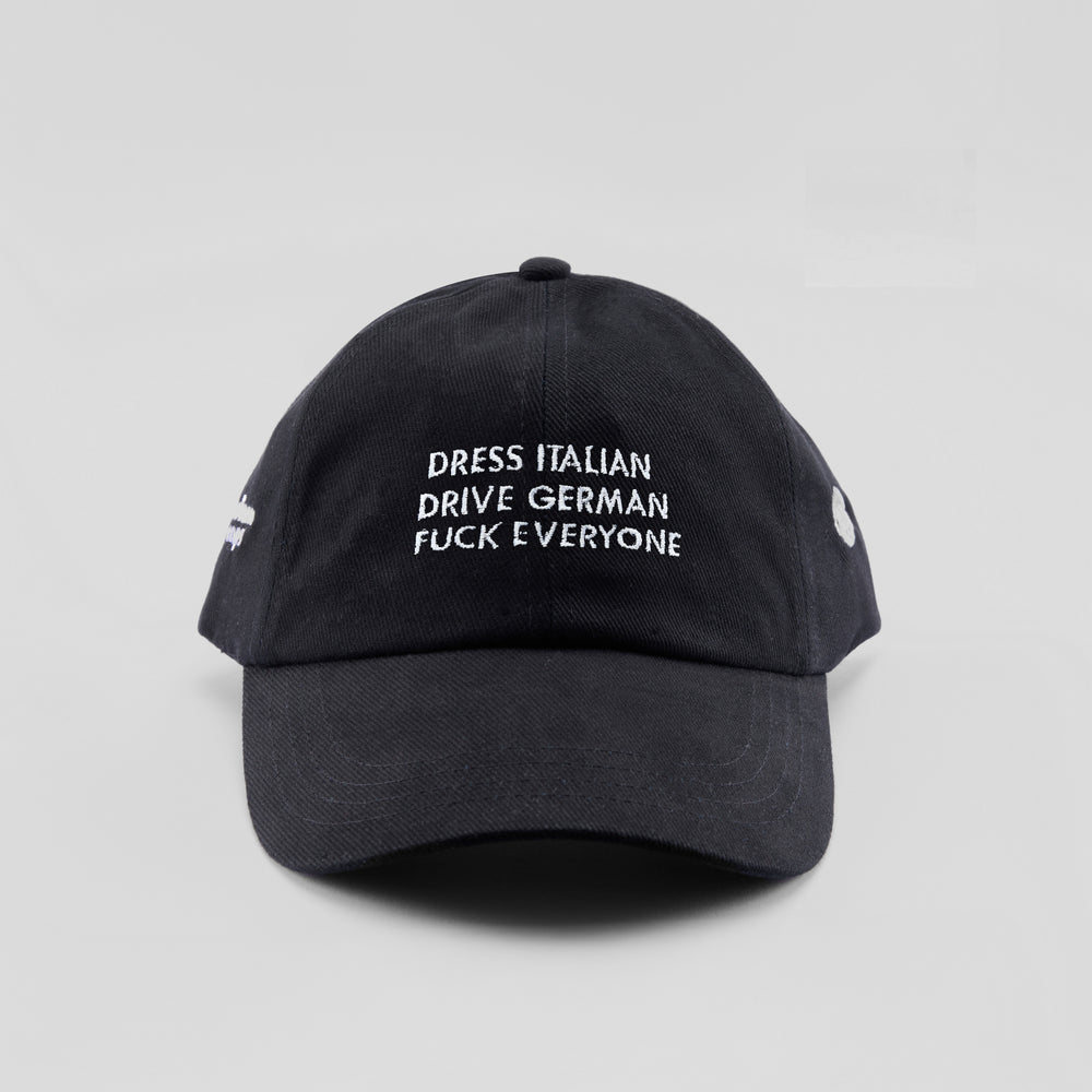 Cappellino in cotone "Dress Italian, drive German, f*ck everyone"