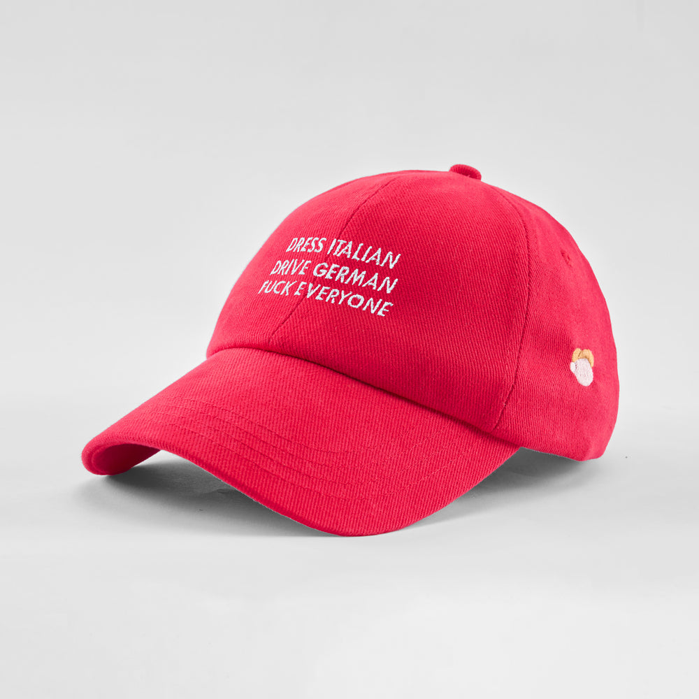 Cappellino in cotone "Dress Italian, drive German, f*ck everyone"