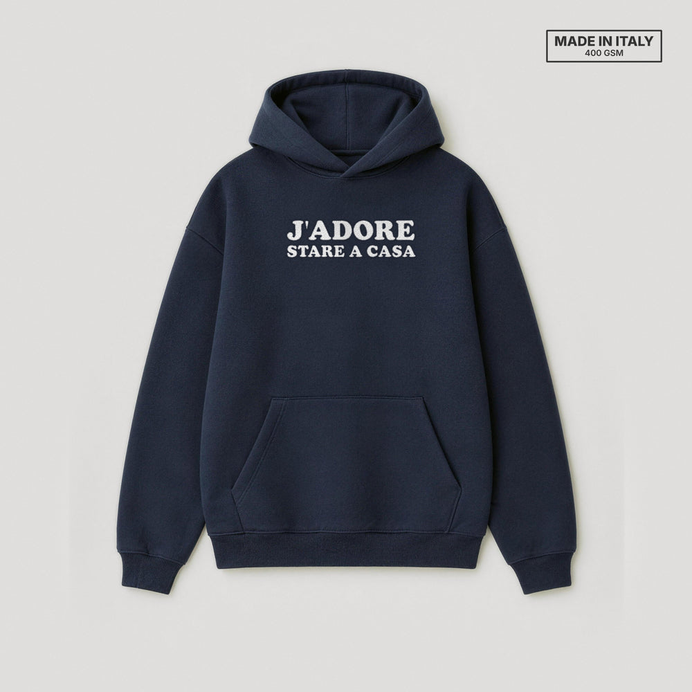 Felpa con cappuccio "J'adore stare a casa" blu - flatlay fronte