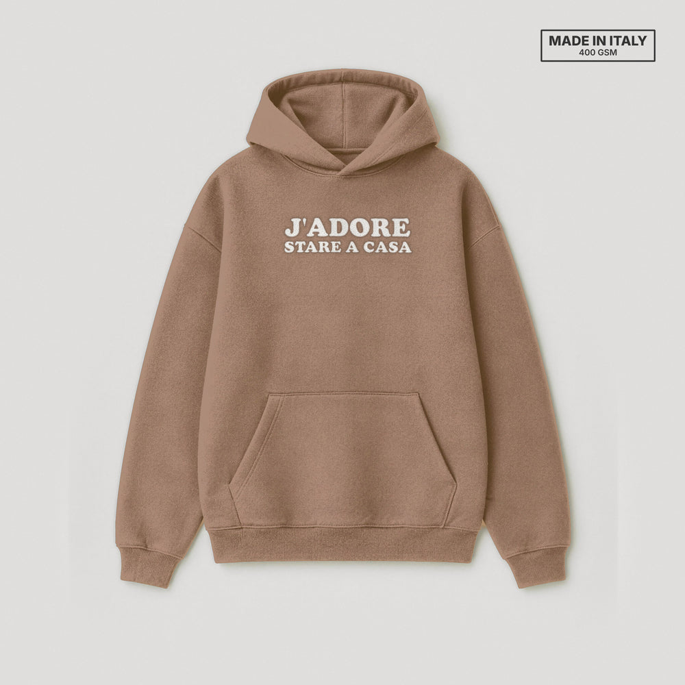Felpa con cappuccio "J'adore stare a casa" marrone - flatlay fronte