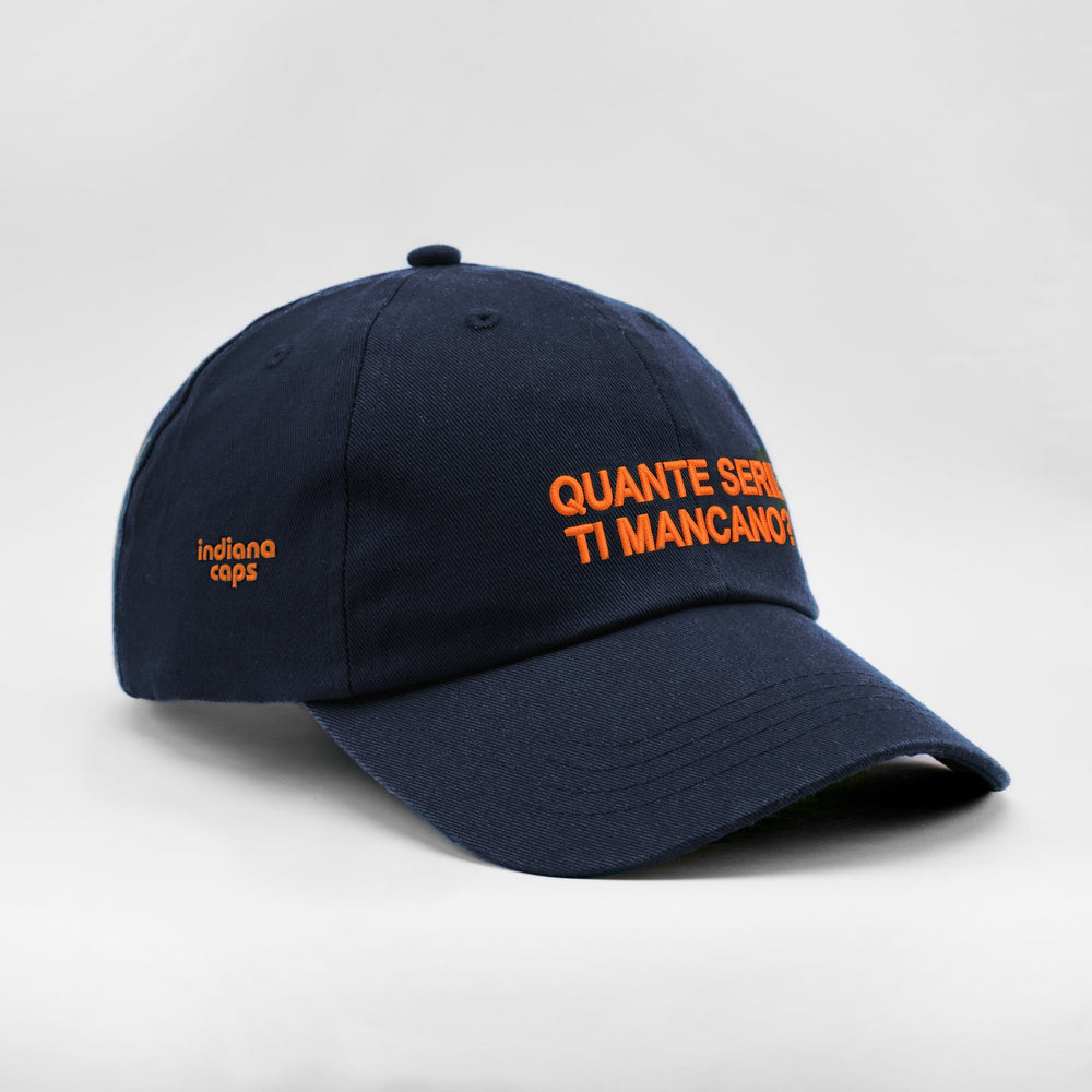 Cappellino Quante serie ti mancano? blu, tre quarti destra