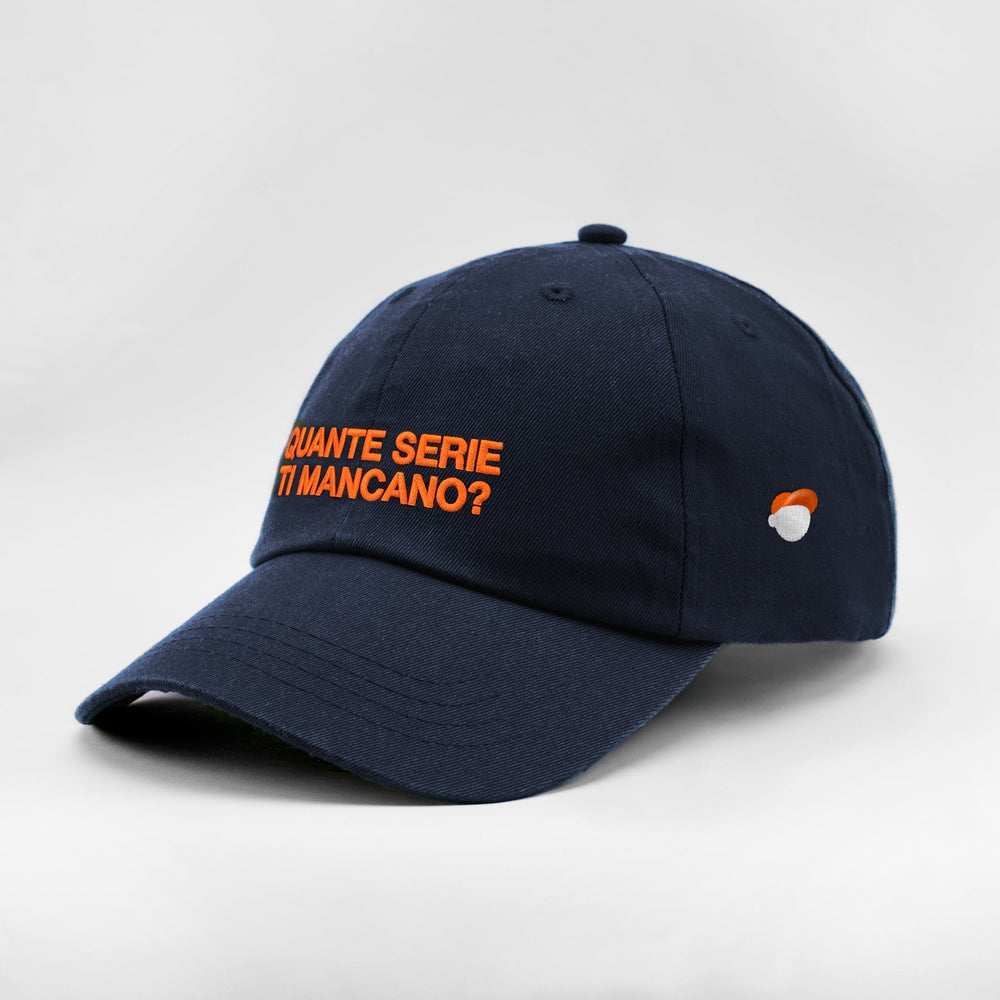 Cappellino Quante serie ti mancano? blu, tre quarti sinistra