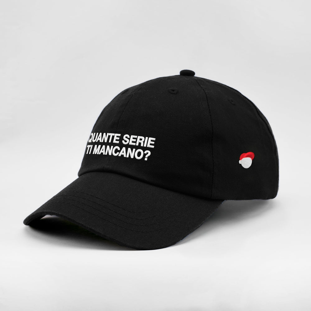 Cappellino Quante serie ti mancano? nero, tre quarti sinistra