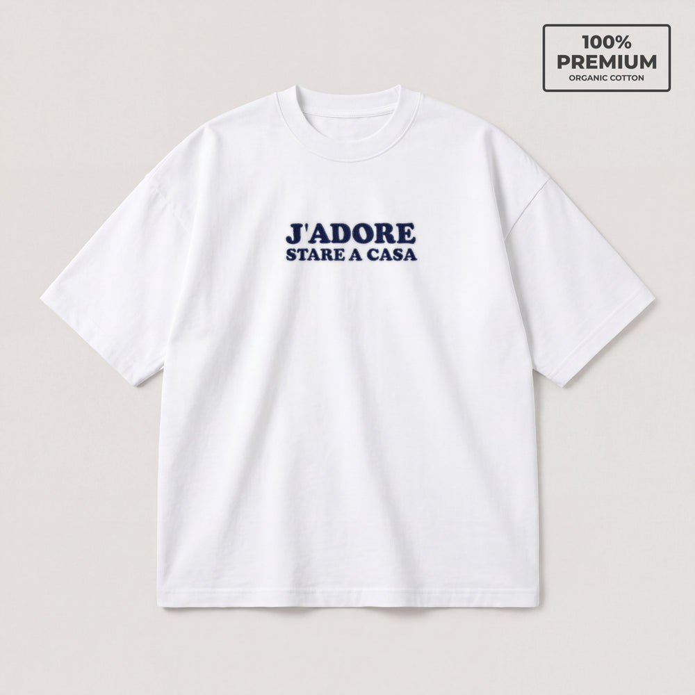 T-Shirt Oversize "J'adore stare a casa" bianco - flatlay fronte