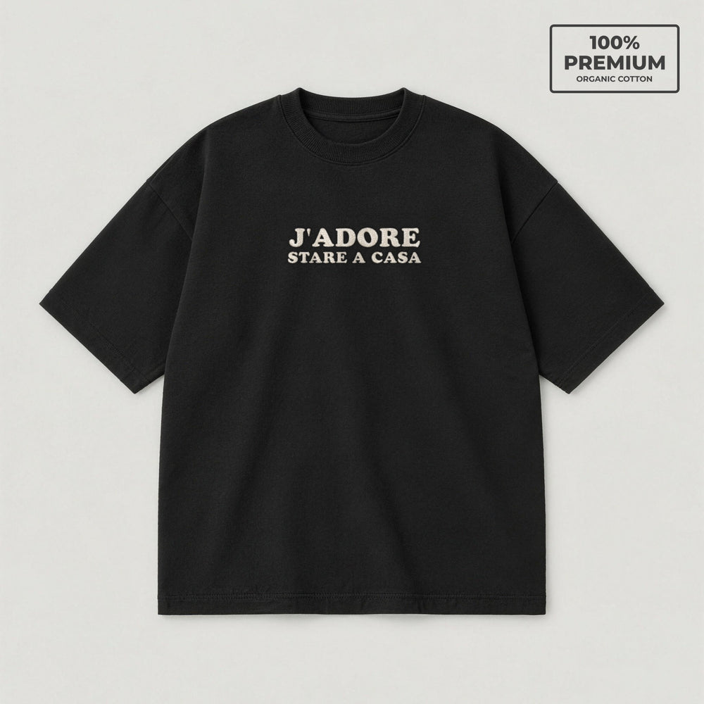T-Shirt Oversize "J'adore stare a casa" nero - flatlay fronte