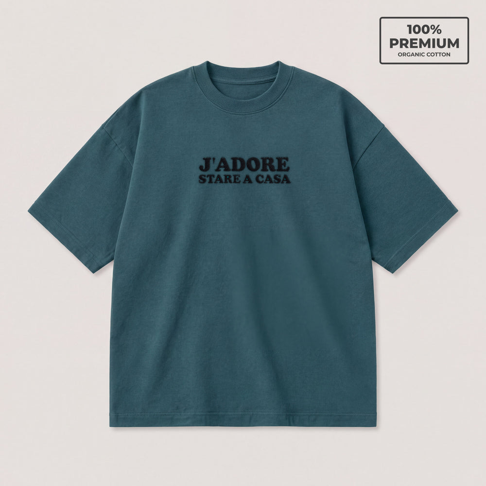 T-Shirt Oversize "J'adore stare a casa" petrolio - flatlay fronte